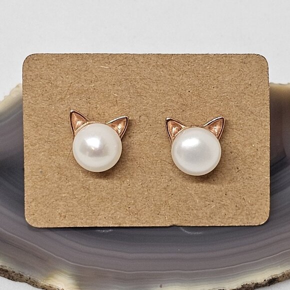 925 Sterling Silver Vermeil Button Pearl Pierced Cat Earrings Studs Rose Gold - Picture 7 of 12